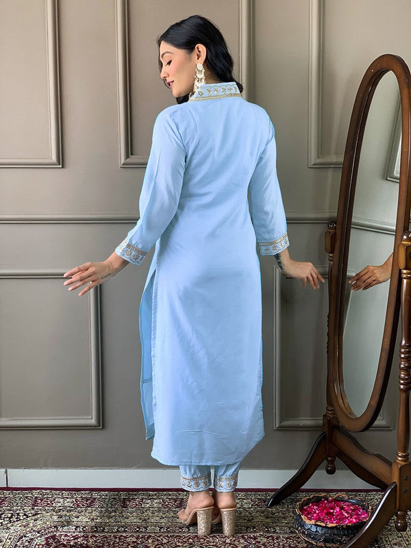 Tasteful Aqua Color Viscose Fabric Designer Suit