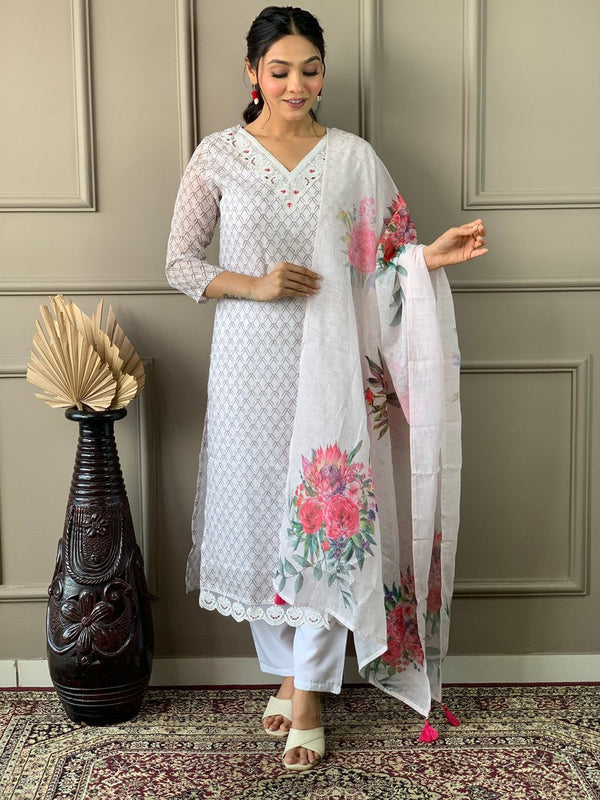 Tasteful White Color Cotton Fabric Designer Suit