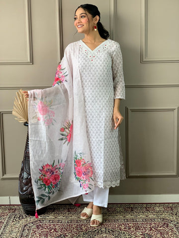 Tasteful White Color Cotton Fabric Designer Suit