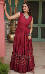 Dazzling Maroon Color Rayon Fabric Gown