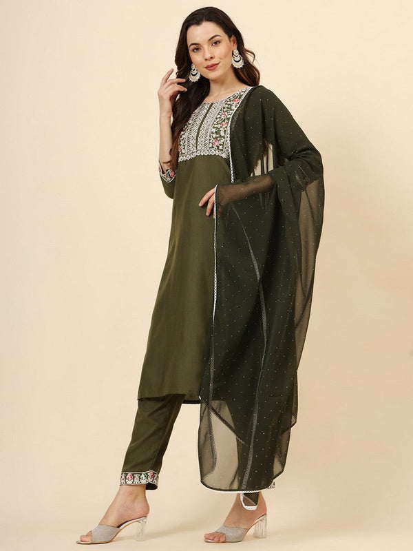 Dazzling Green Color Cotton Fabric Designer Suit