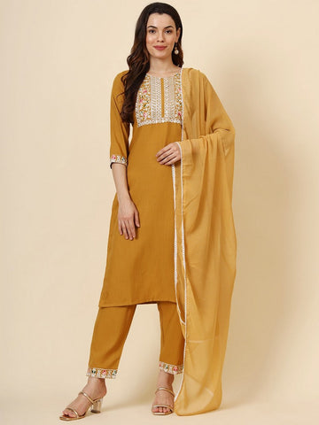 Dazzling Mustard Color Cotton Fabric Designer Suit