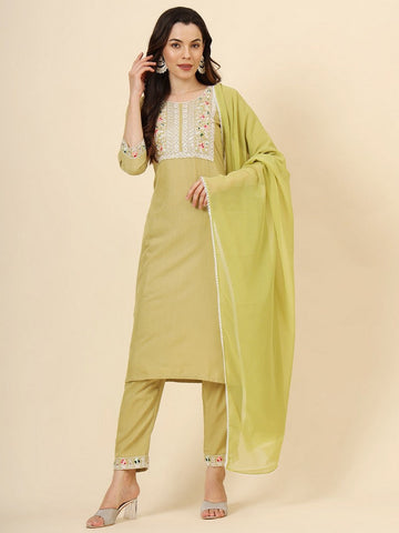 Dazzling Green Color Cotton Fabric Designer Suit