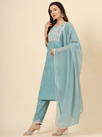 Dazzling Aqua Color Cotton Fabric Designer Suit