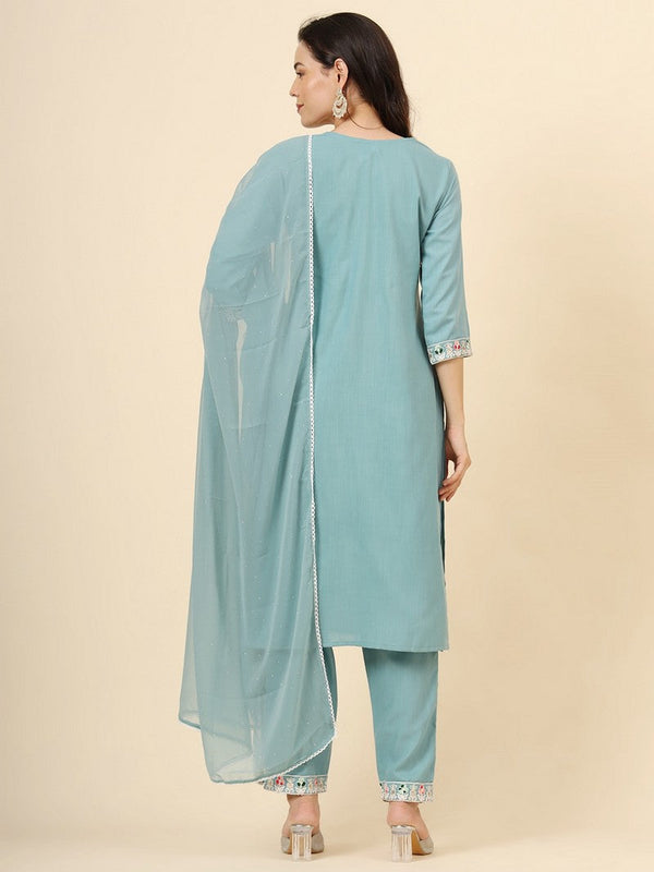 Dazzling Aqua Color Cotton Fabric Designer Suit