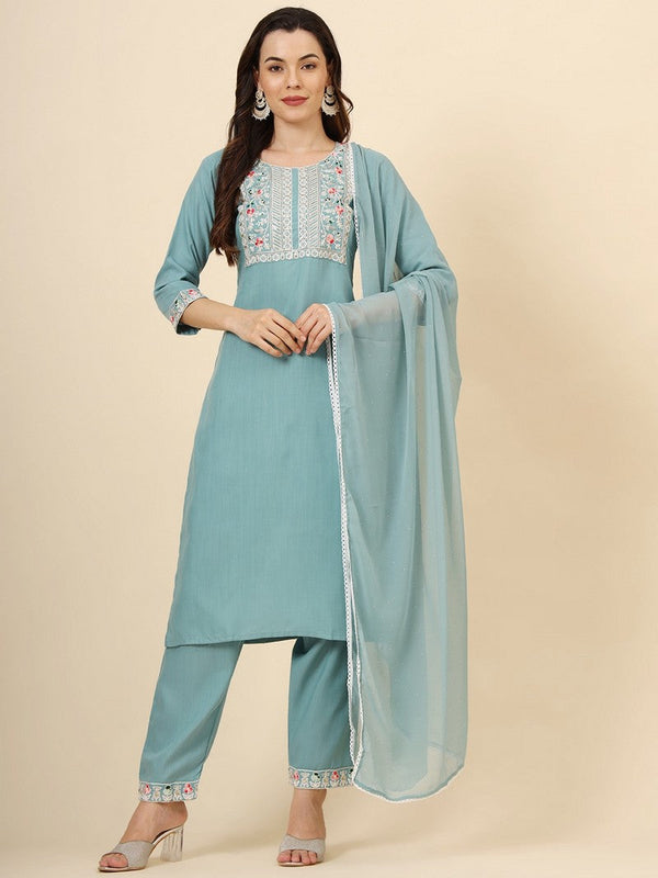 Dazzling Aqua Color Cotton Fabric Designer Suit