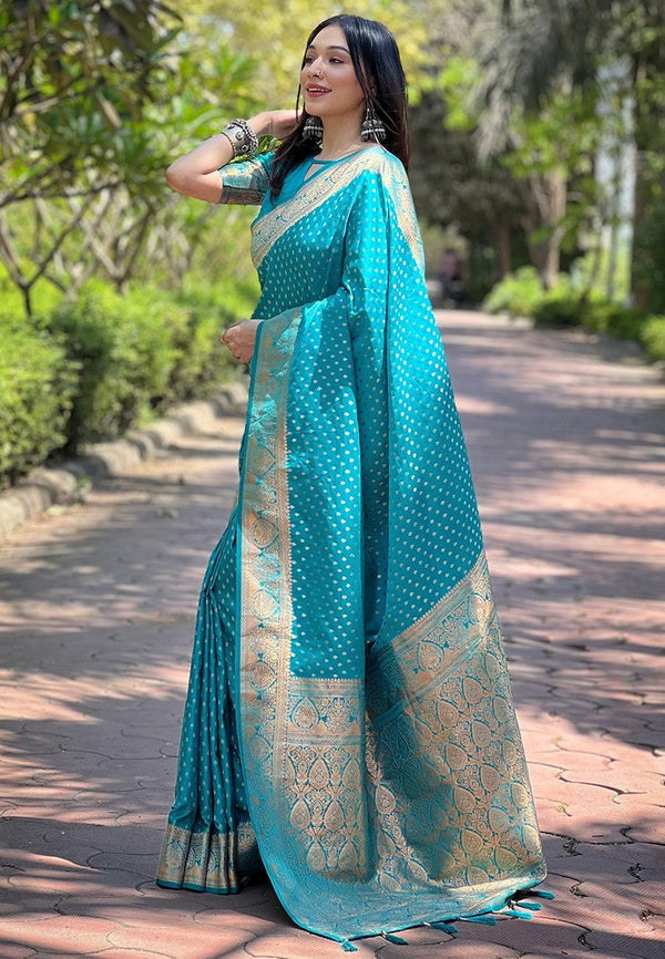 Beauteous Turquoise Color Banarasi Fabric Partywear Saree