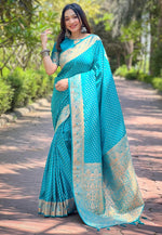 Beauteous Turquoise Color Banarasi Fabric Partywear Saree