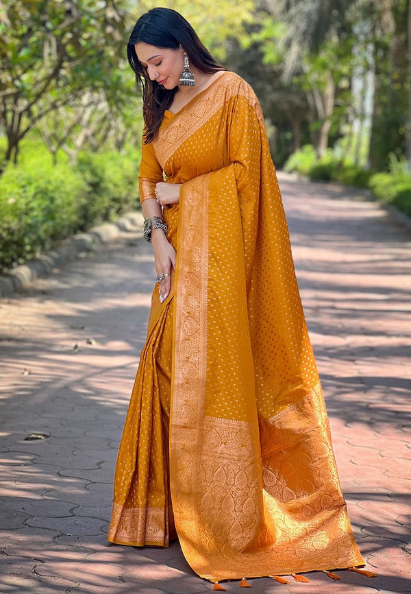 Beauteous Mustard Color Banarasi Fabric Partywear Saree