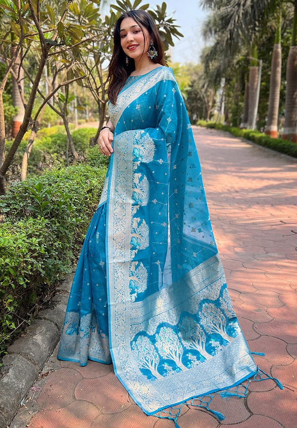 Beauteous Turquoise Color Organza Fabric Partywear Saree