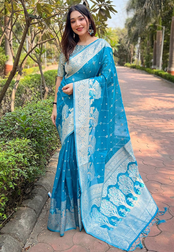 Beauteous Turquoise Color Organza Fabric Partywear Saree