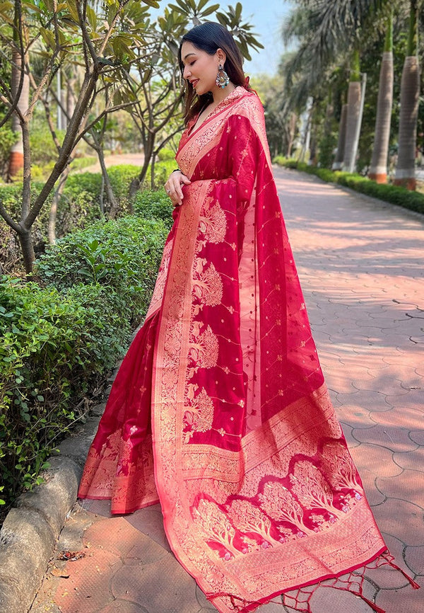 Beauteous Magenta Color Organza Fabric Partywear Saree