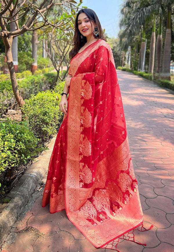 Beauteous Red Color Organza Fabric Partywear Saree