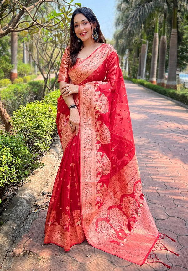 Beauteous Red Color Organza Fabric Partywear Saree