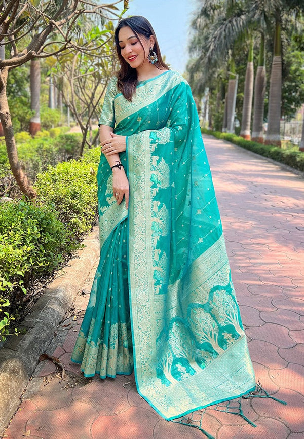 Beauteous Green Color Organza Fabric Partywear Saree