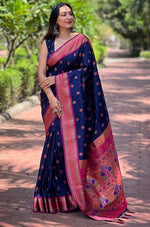 Lovely Navy Blue Color Silk Fabric Partywear Saree