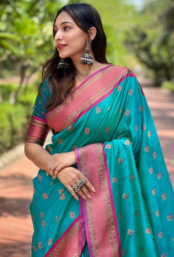 Lovely Turquoise Color Silk Fabric Partywear Saree