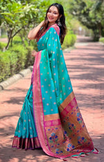 Lovely Turquoise Color Silk Fabric Partywear Saree