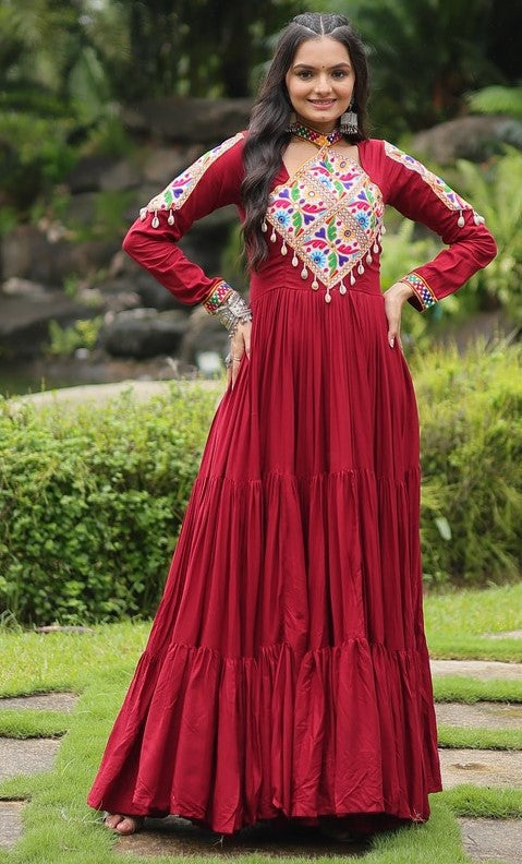 Beautiful Maroon Color Rayon Fabric Gown