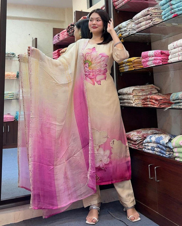 Amazing Cream Color Silk Fabric Designer Suit