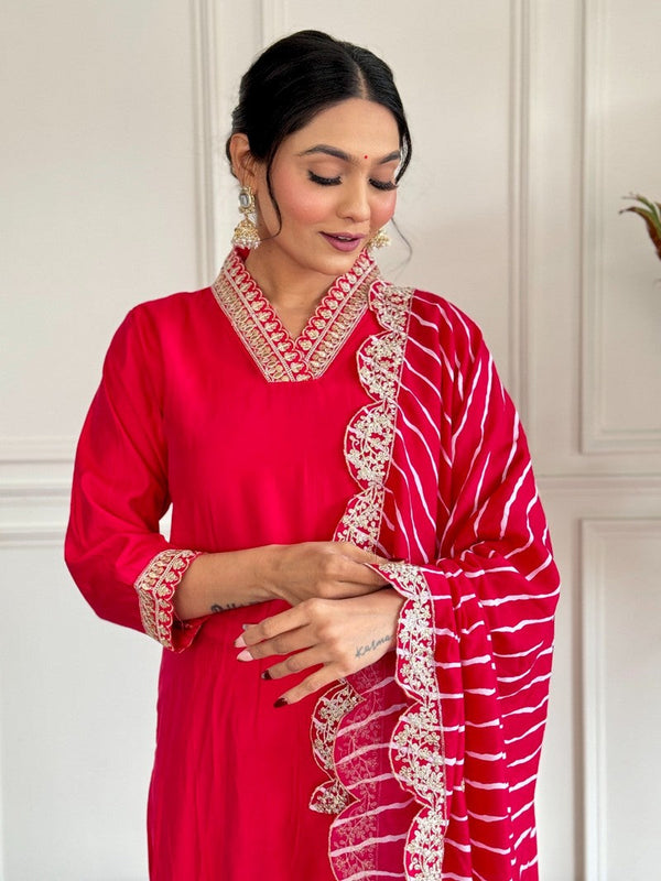 Amazing Red Color Chanderi Fabric Designer Suit