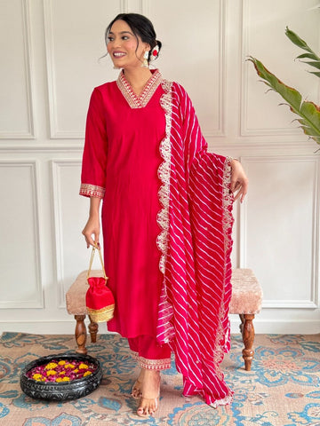 Amazing Red Color Chanderi Fabric Designer Suit