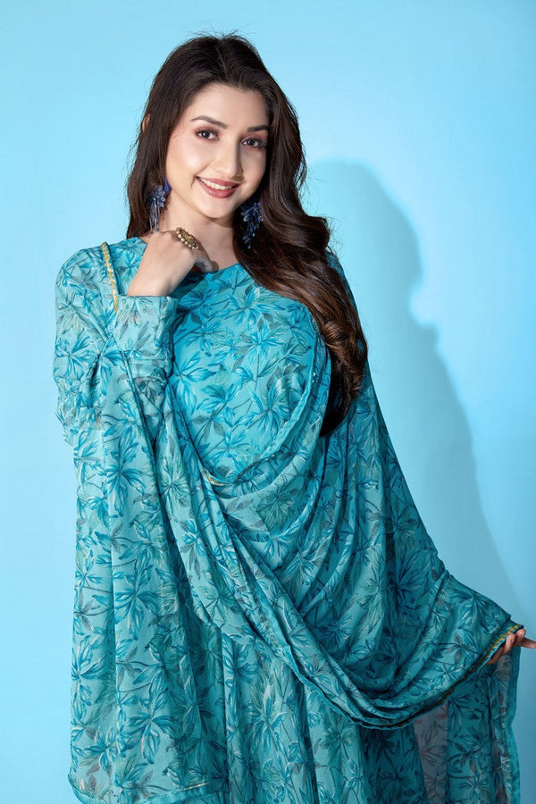 Striking Blue Color Georgette Fabric Designer Kurti