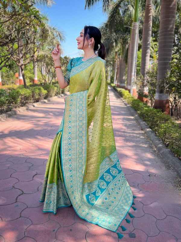 Grand Teal Color Tissue Fabric Partywear Saree