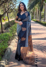 Grand Grey Color Silk Fabric Partywear Saree