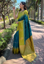 Grand Teal Color Silk Fabric Partywear Saree