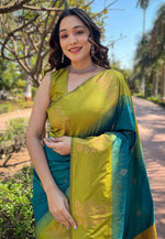 Grand Teal Color Silk Fabric Partywear Saree