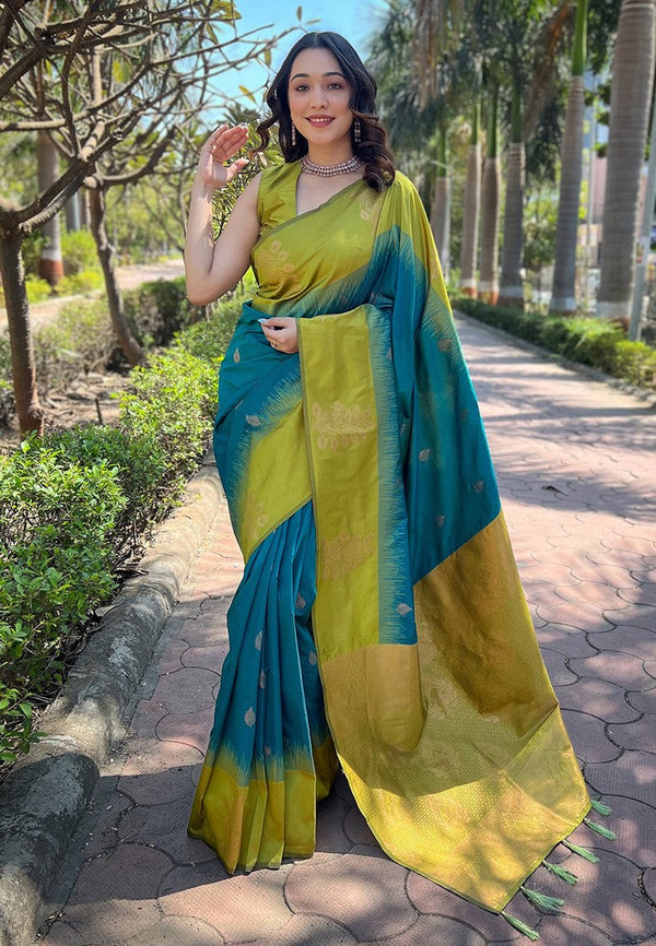 Grand Teal Color Silk Fabric Partywear Saree