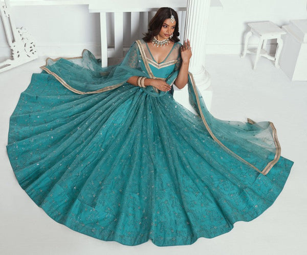 Pleasing Teal Color Net Fabric Party Wear Lehenga