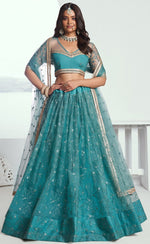 Pleasing Teal Color Net Fabric Party Wear Lehenga