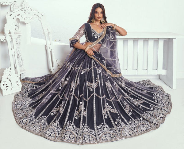 Pleasing Grey Color Net Fabric Party Wear Lehenga