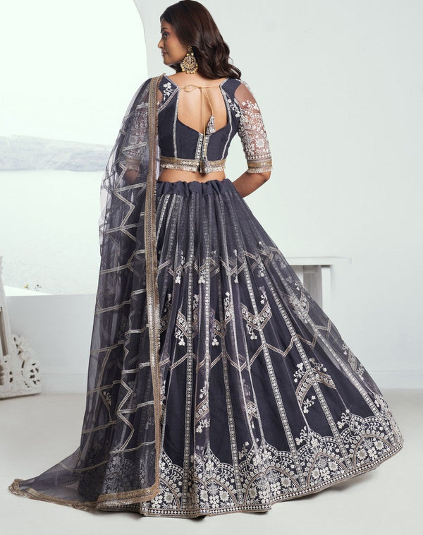 Pleasing Grey Color Net Fabric Party Wear Lehenga