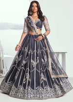 Pleasing Grey Color Net Fabric Party Wear Lehenga