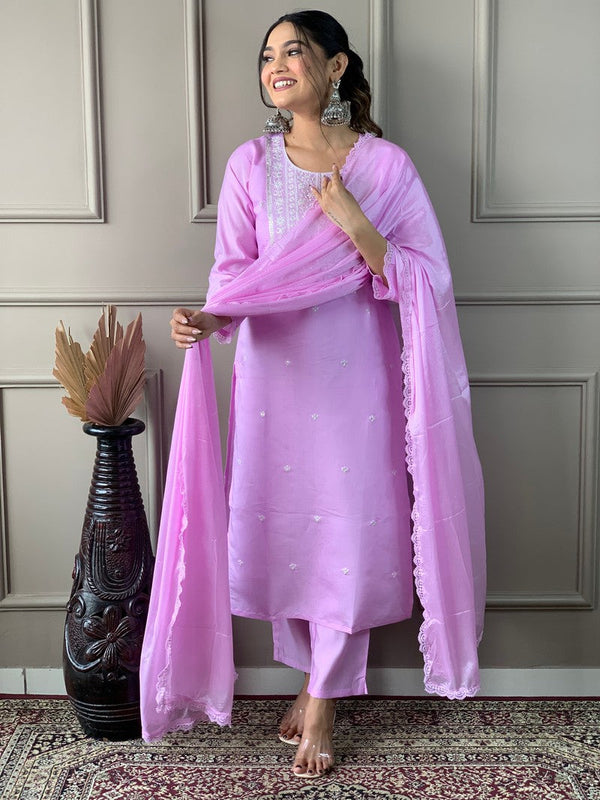 Tasteful Pink Color Organza Fabric Designer Suit