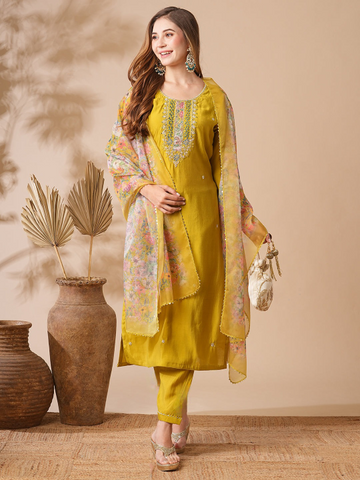 Tasteful Mustard Color Organza Fabric Designer Suit