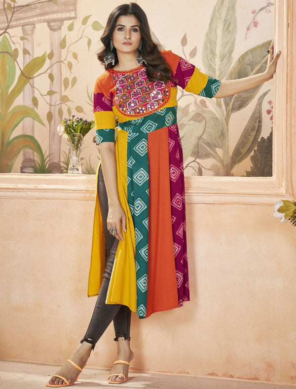 Pretty Multi Color Rayon Fabric Designer Kurti