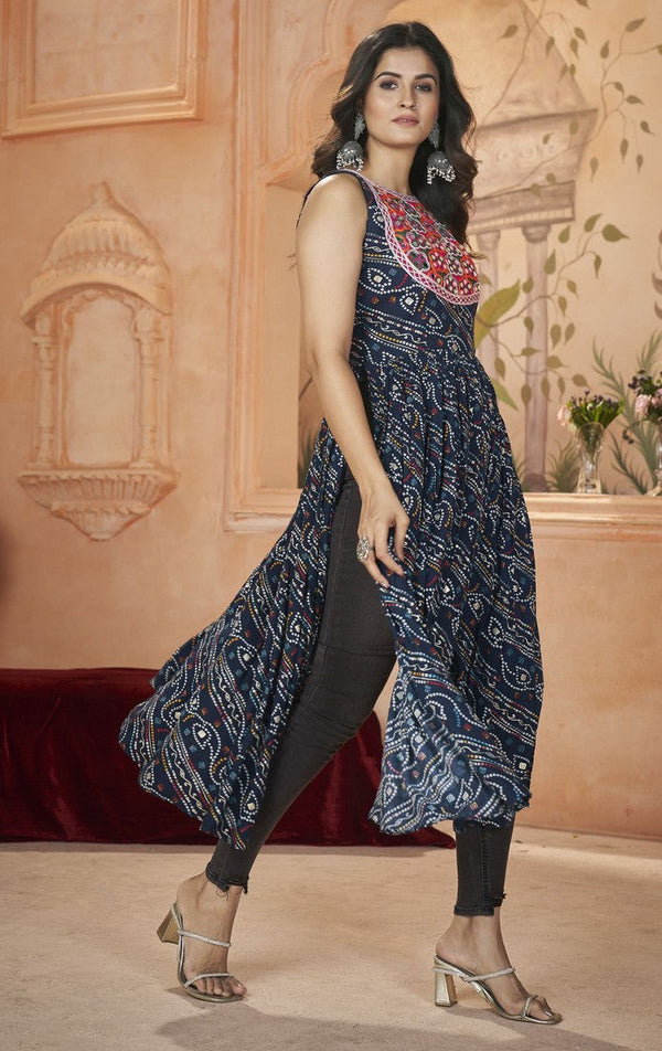 Pretty Navy Blue Color Rayon Fabric Designer Kurti