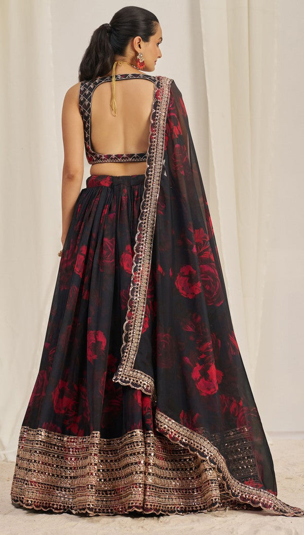 Pleasing Black Color Organza Fabric Party Wear Lehenga