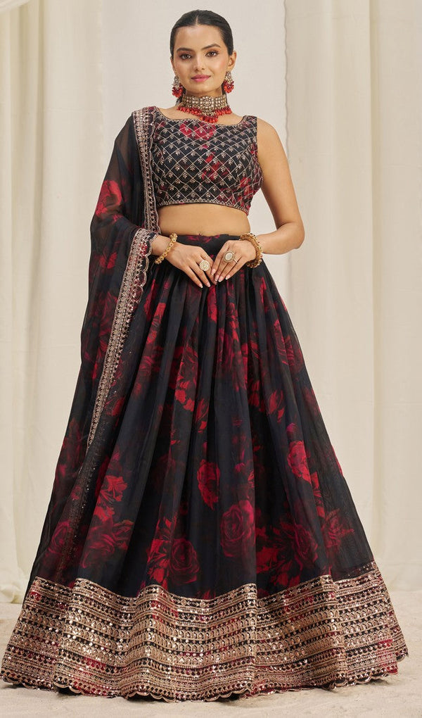 Pleasing Black Color Organza Fabric Party Wear Lehenga