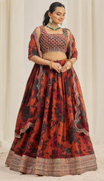 Pleasing Orange Color Organza Fabric Party Wear Lehenga