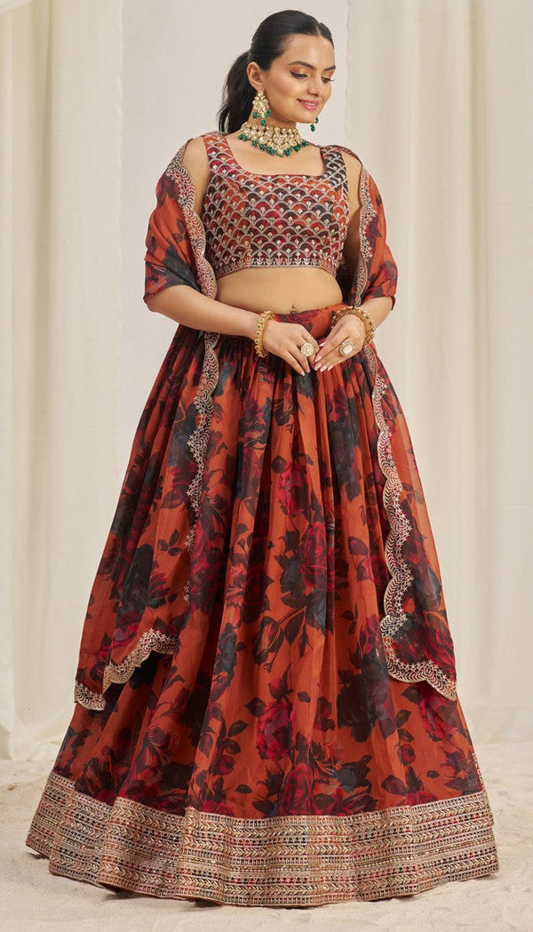 Pleasing Orange Color Organza Fabric Party Wear Lehenga