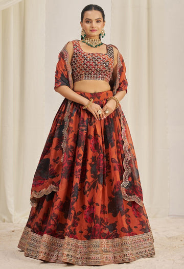 Pleasing Orange Color Organza Fabric Party Wear Lehenga