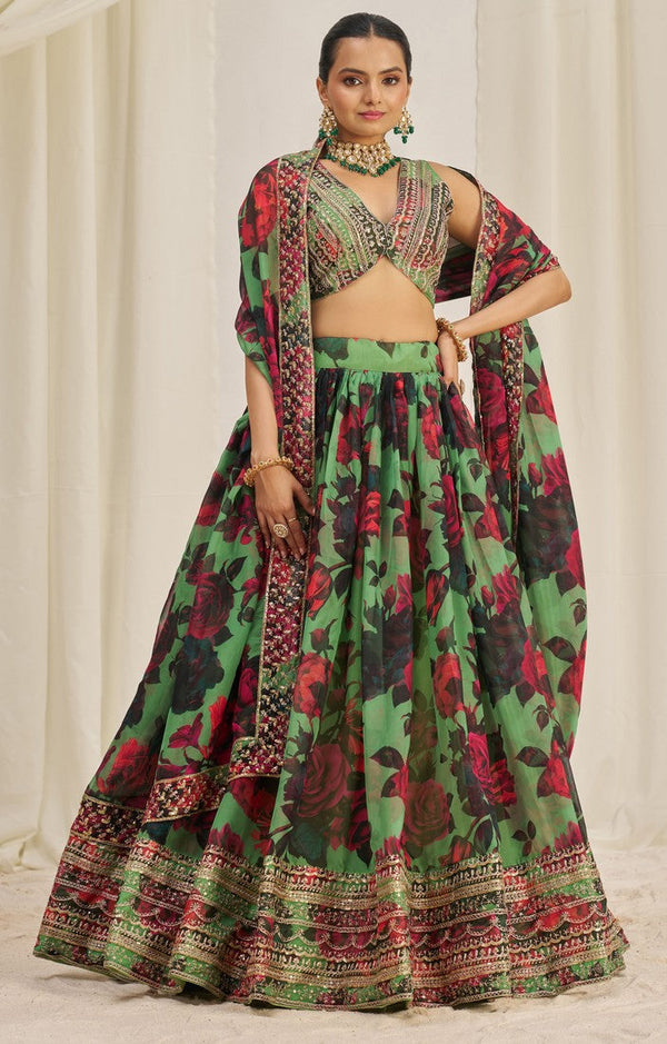 Pleasing Green Color Organza Fabric Party Wear Lehenga