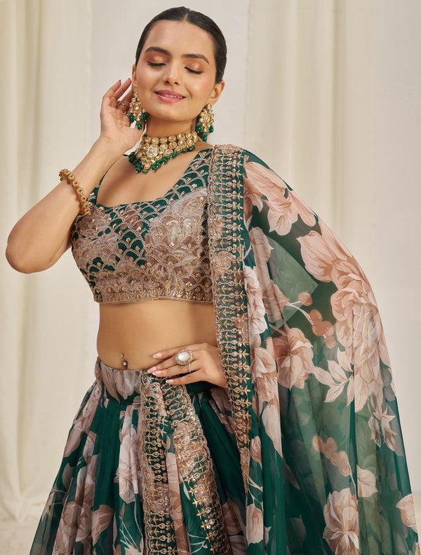 Pleasing Green Color Organza Fabric Party Wear Lehenga