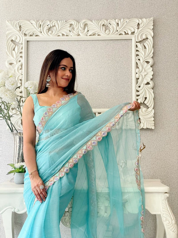 Lovely Aqua Color Jimmy Fabric Designer Saree