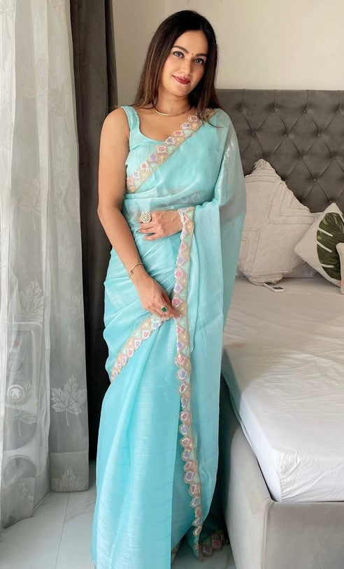 Lovely Aqua Color Jimmy Fabric Designer Saree